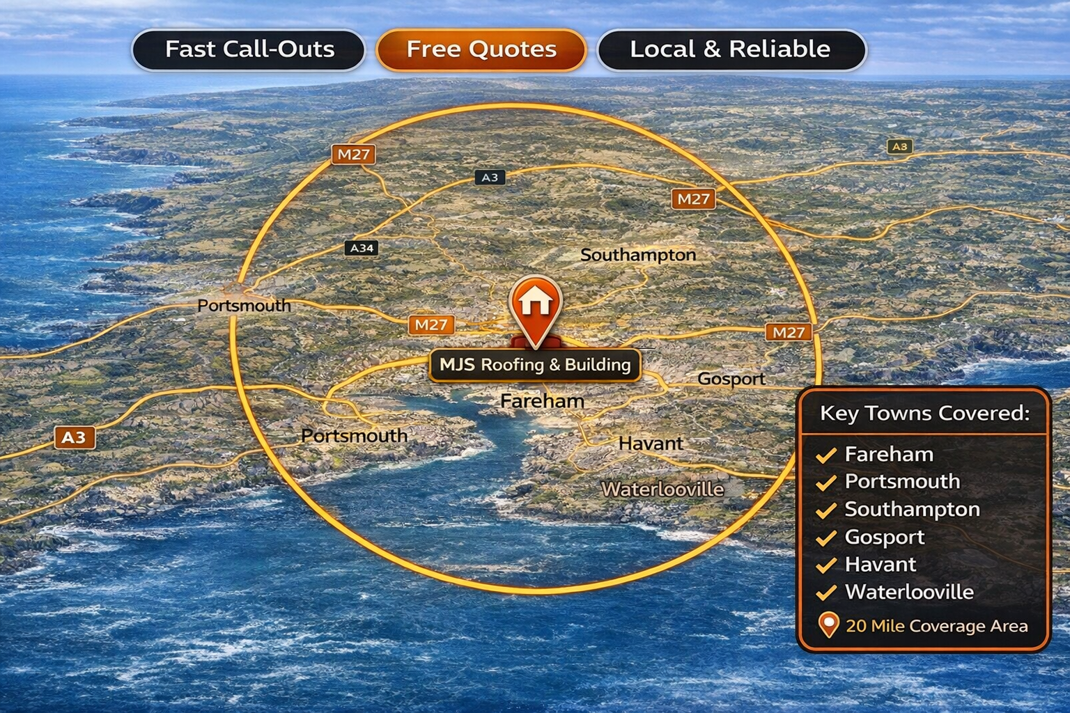 MJS Roofing & Building - Areas We Cover (20 Mile Radius) - Fareham